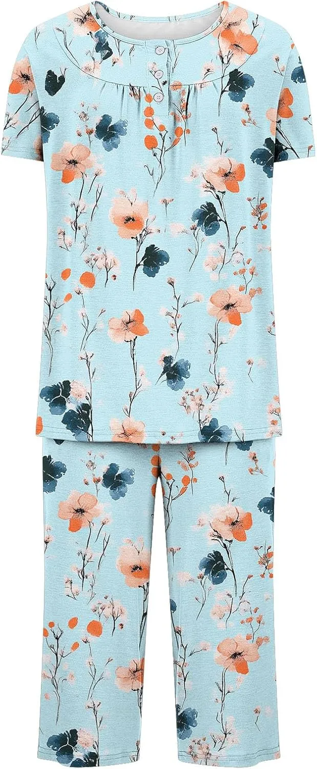Women's Pajamas Set Short Sleeve Tops With Capri Pants Floral Print Pjs Lounge & Sleepwear Summer 2 Piece Lounge Set