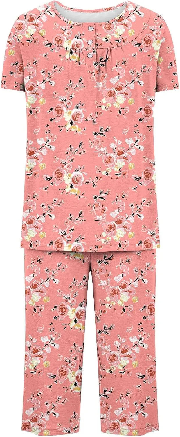 Women's Pajamas Set Short Sleeve Tops With Capri Pants Floral Print Pjs Lounge & Sleepwear Summer 2 Piece Lounge Set