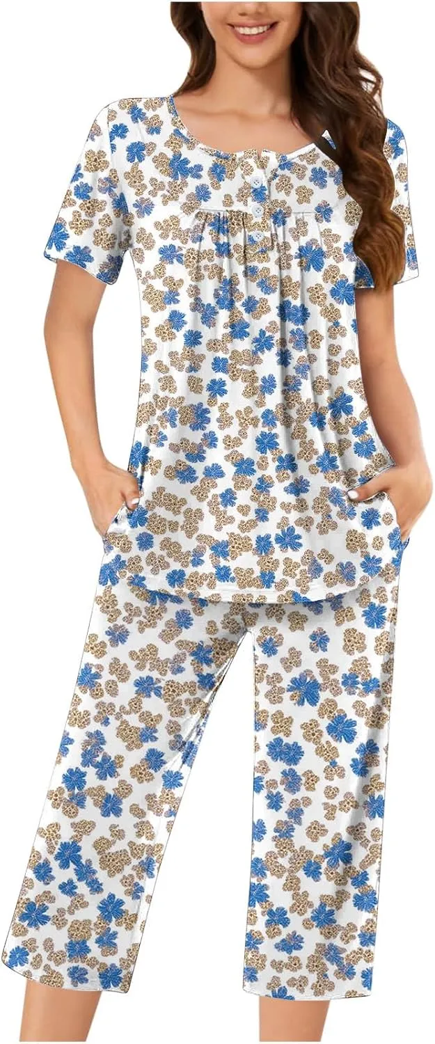 Women's Pajamas Set Short Sleeve Tops With Capri Pants Floral Print Pjs Lounge & Sleepwear Summer 2 Piece Lounge Set