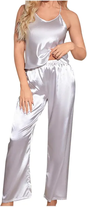 Women's Pajamas Set Sleeveless Sexy Mesh Patchwork Camisole Sleepwear and Pants Casual Comfy Summer Nightwear Sets