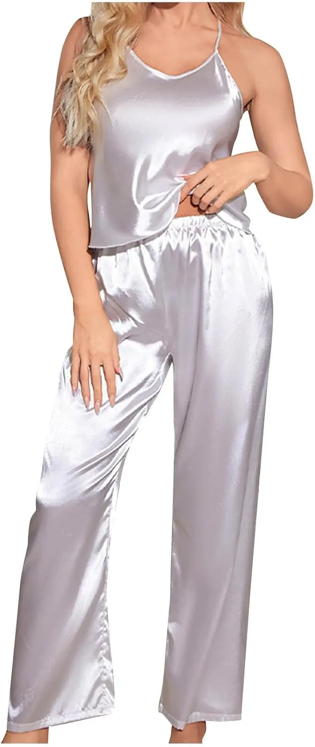 Women's Pajamas Set Sleeveless Sexy Mesh Patchwork Camisole Sleepwear and Pants Casual Comfy Summer Nightwear Sets