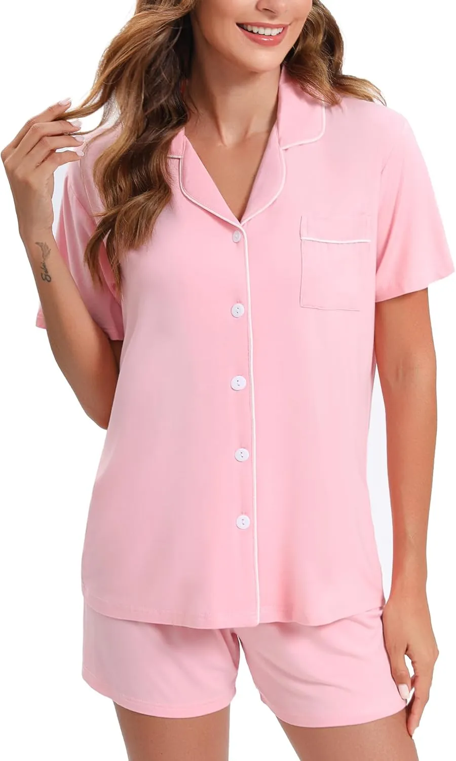 Women's Pajamas Set Soft Button Down Sleepwear Short Sleeve Pjs Set Nightwear Lounge Sets