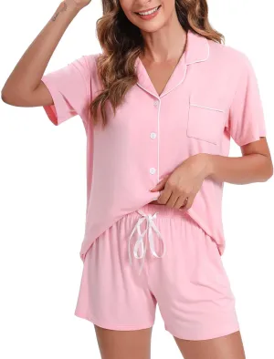 Women's Pajamas Set Soft Button Down Sleepwear Short Sleeve Pjs Set Nightwear Lounge Sets