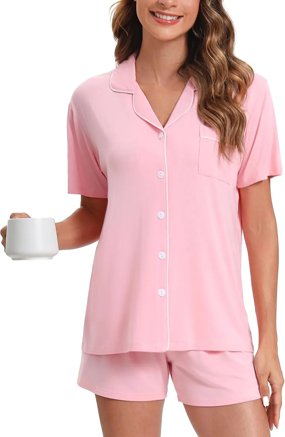 Women's Pajamas Set Soft Button Down Sleepwear Short Sleeve Pjs Set Nightwear Lounge Sets