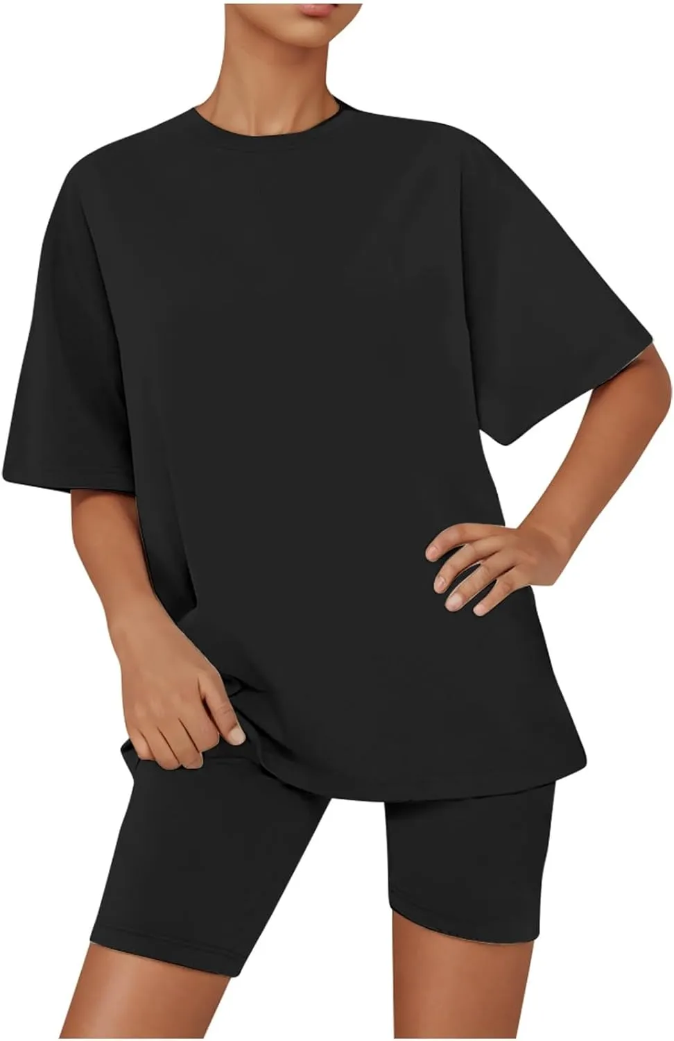 Women's Pajamas Set Solid Round-Neck Elbow Sagging Shirts Mid Sleeve and Short Lounge Sleepwear Ladies Pjs Set