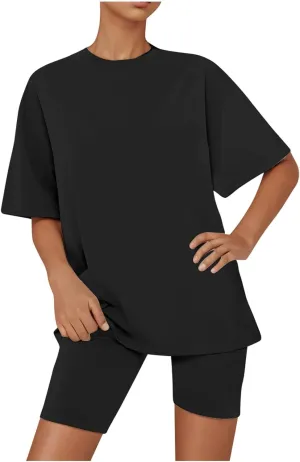 Women's Pajamas Set Solid Round-Neck Elbow Sagging Shirts Mid Sleeve and Short Lounge Sleepwear Ladies Pjs Set