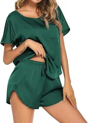 Women's Pajamas Set Summer Satin Silk Pjs 2 Piece Round Neck Tees and Wide Leg Shorts Sets Sleepwear