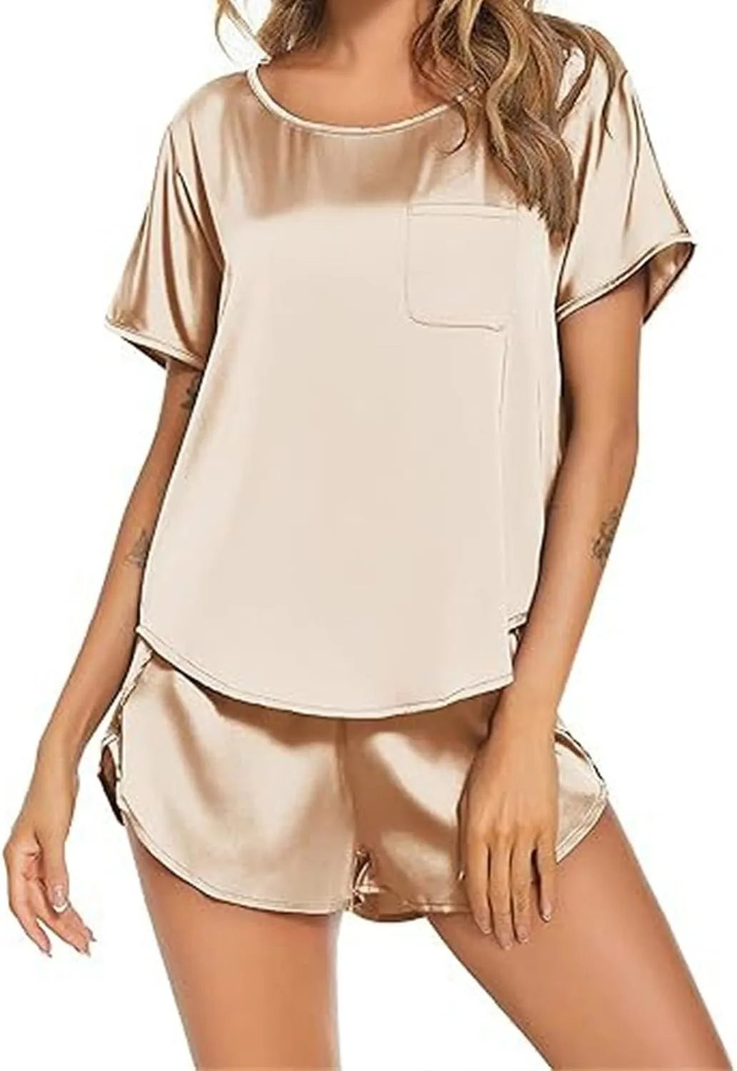 Women's Pajamas Set Summer Satin Silk Pjs 2 Piece Round Neck Tees and Wide Leg Shorts Sets Sleepwear