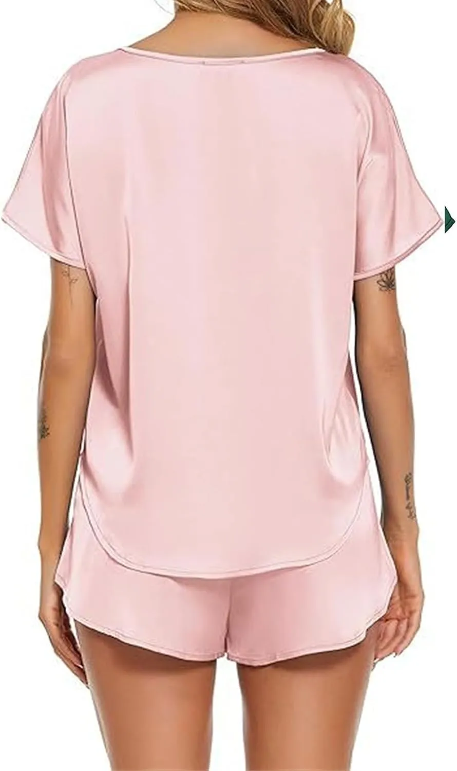 Women's Pajamas Set Summer Satin Silk Pjs 2 Piece Round Neck Tees and Wide Leg Shorts Sets Sleepwear