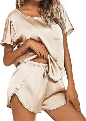 Women's Pajamas Set Summer Satin Silk Pjs 2 Piece Round Neck Tees and Wide Leg Shorts Sets Sleepwear