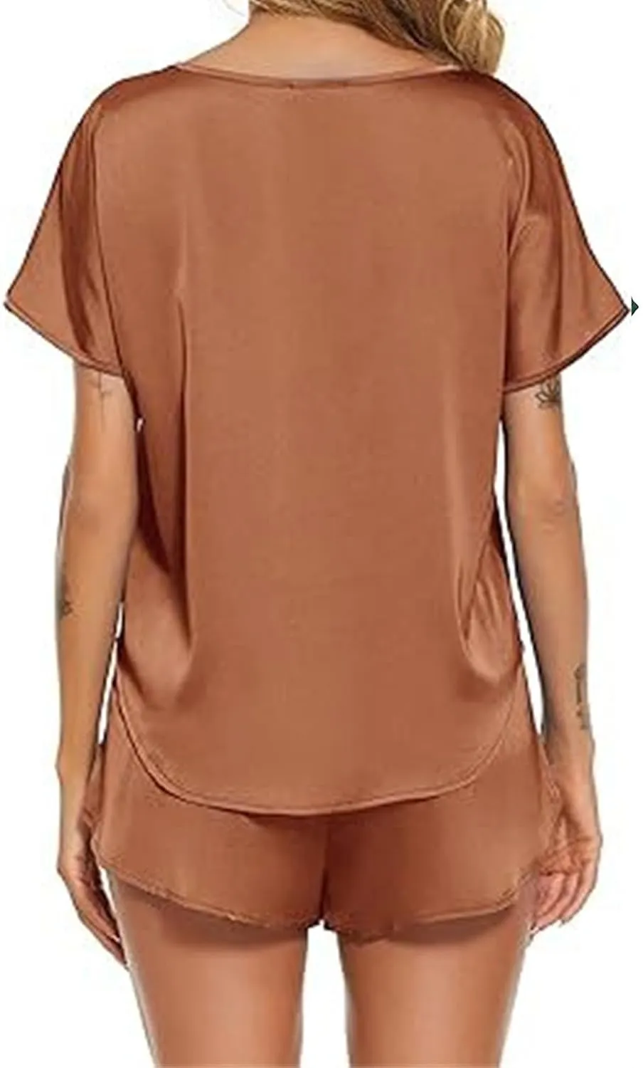 Women's Pajamas Set Summer Satin Silk Pjs 2 Piece Round Neck Tees and Wide Leg Shorts Sets Sleepwear