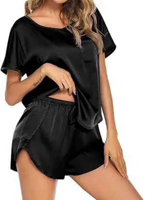 Women's Pajamas Set Summer Satin Silk Pjs 2 Piece Round Neck Tees and Wide Leg Shorts Sets Sleepwear