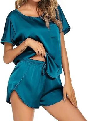 Women's Pajamas Set Summer Satin Silk Pjs 2 Piece Round Neck Tees and Wide Leg Shorts Sets Sleepwear