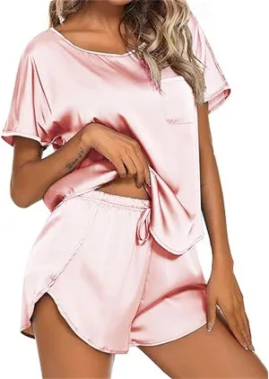 Women's Pajamas Set Summer Satin Silk Pjs 2 Piece Round Neck Tees and Wide Leg Shorts Sets Sleepwear