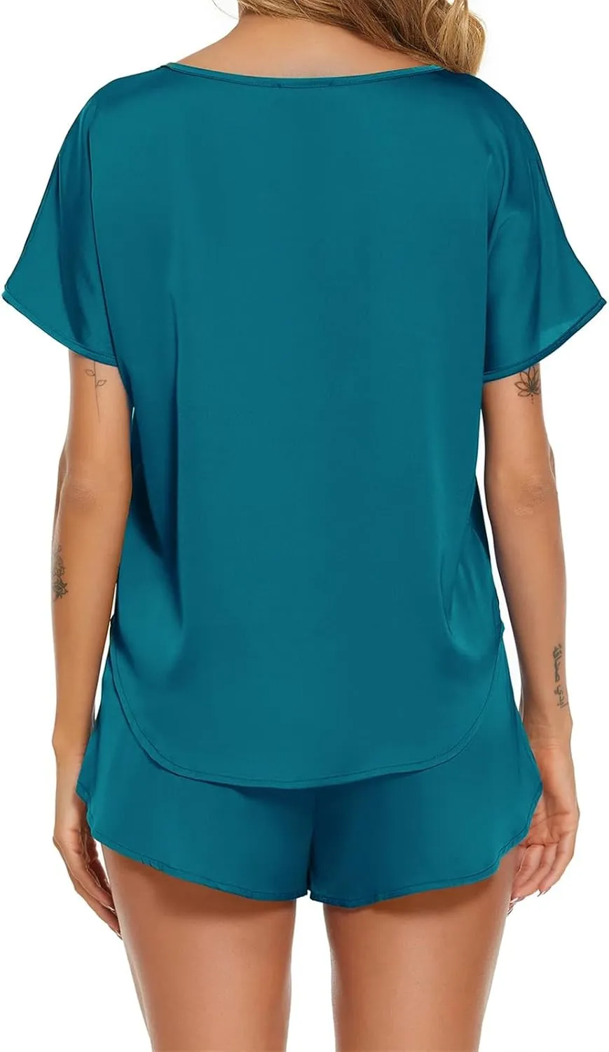 Women's Pajamas Set Summer Satin Silk Pjs 2 Piece Round Neck Tees and Wide Leg Shorts Sets Sleepwear