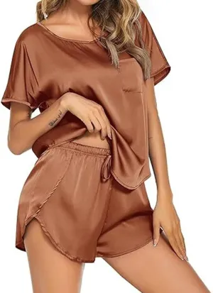 Women's Pajamas Set Summer Satin Silk Pjs 2 Piece Round Neck Tees and Wide Leg Shorts Sets Sleepwear