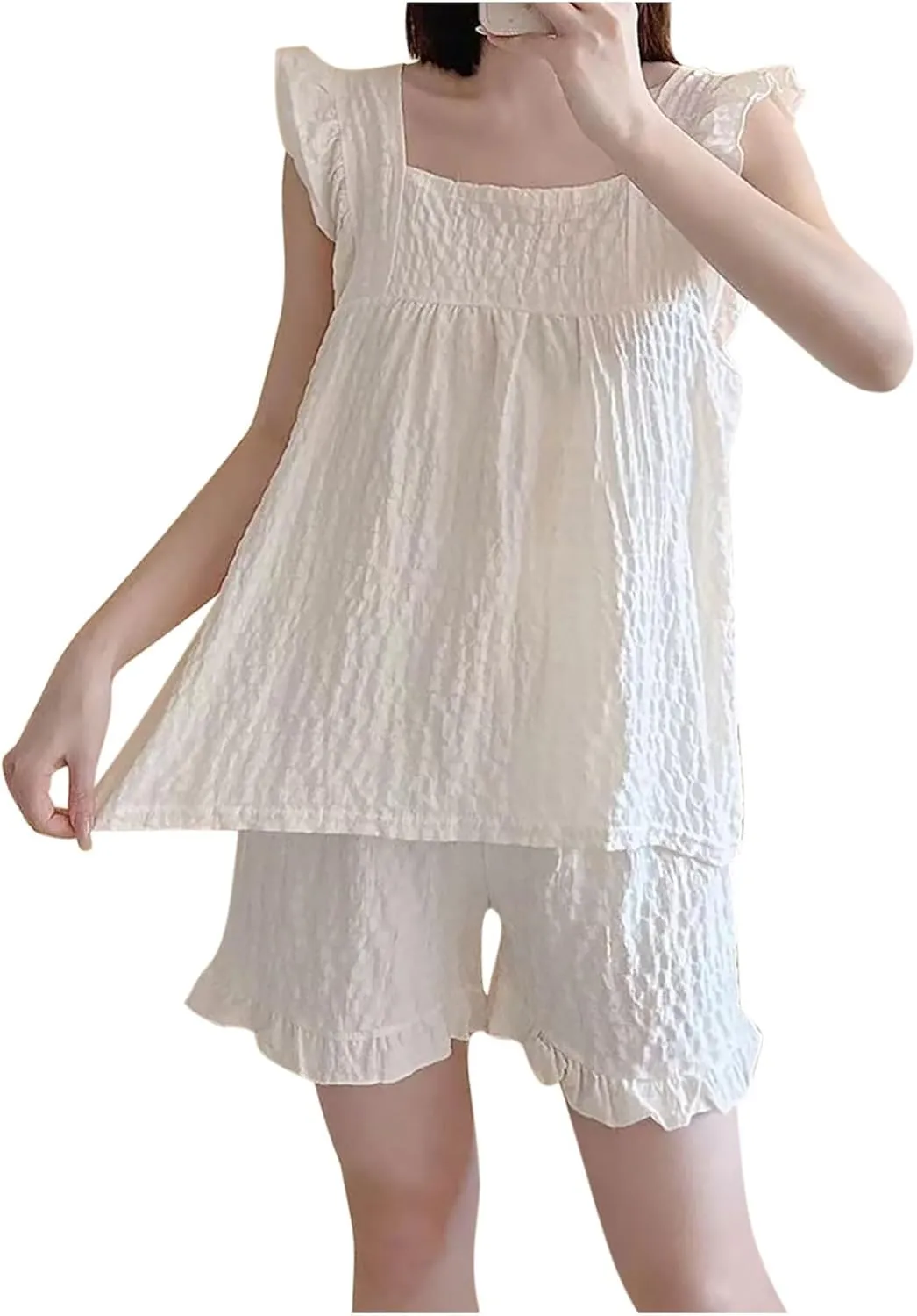 Women's Pajamas Set Summer Soft Sleepwear Cute Ruffle Loose Tank Top and Shorts 2 Piece Pjs Loungewear Sets