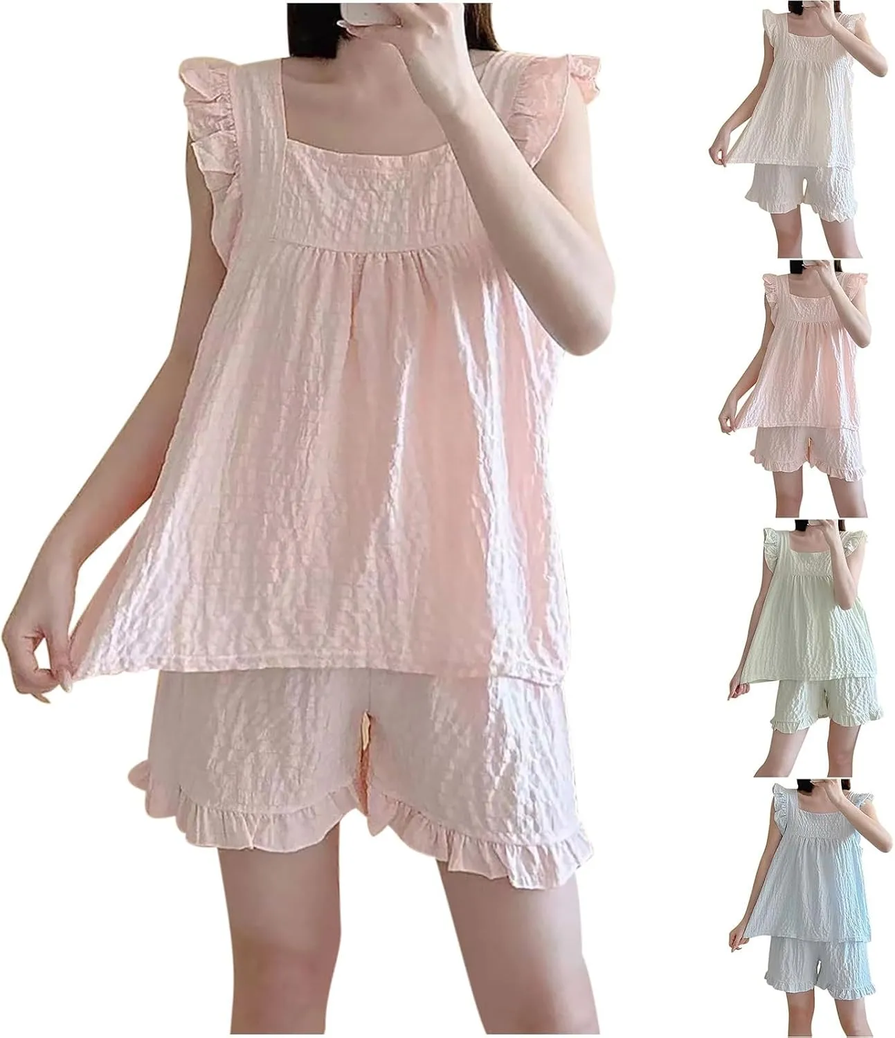 Women's Pajamas Set Summer Soft Sleepwear Cute Ruffle Loose Tank Top and Shorts 2 Piece Pjs Loungewear Sets