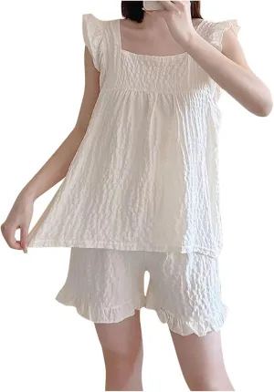 Women's Pajamas Set Summer Soft Sleepwear Cute Ruffle Loose Tank Top and Shorts 2 Piece Pjs Loungewear Sets