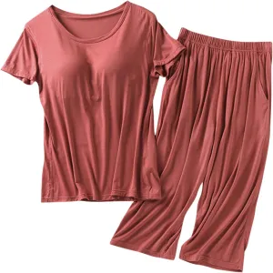 Women's Pajamas Sets Built In Bra Soft Modal Pjs Sleepwear Lounge Set Casual Short Sleeve Nightshirts With Long Pants