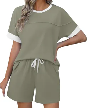 Women's Pajamas Sets Summer Casual Crewneck Short Sleeve Tops Drawstring Shorts 2 Piece Outfit Color Block Tracksuit