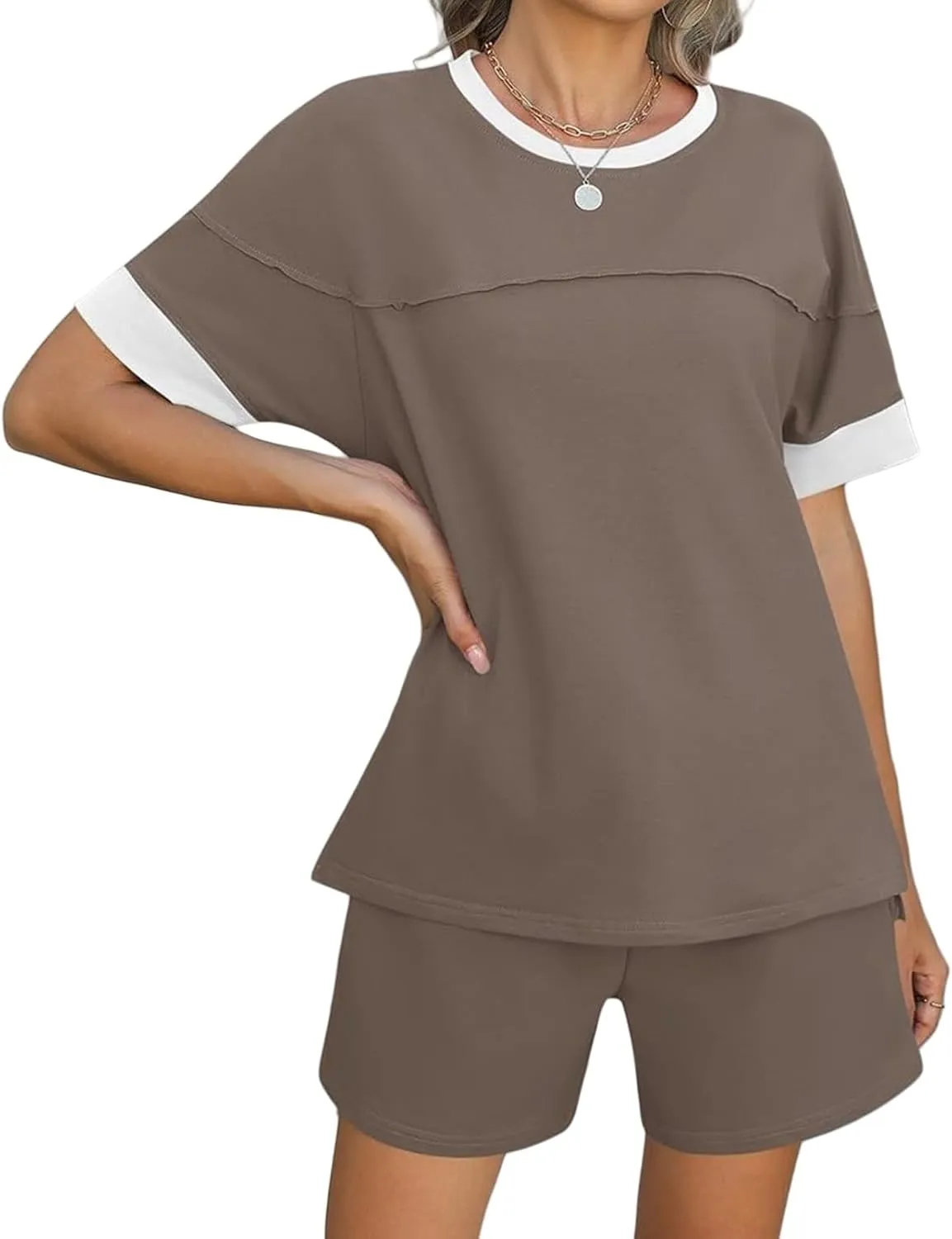 Women's Pajamas Sets Summer Casual Crewneck Short Sleeve Tops Drawstring Shorts 2 Piece Outfit Color Block Tracksuit