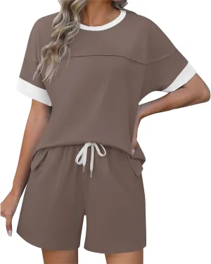 Women's Pajamas Sets Summer Casual Crewneck Short Sleeve Tops Drawstring Shorts 2 Piece Outfit Color Block Tracksuit