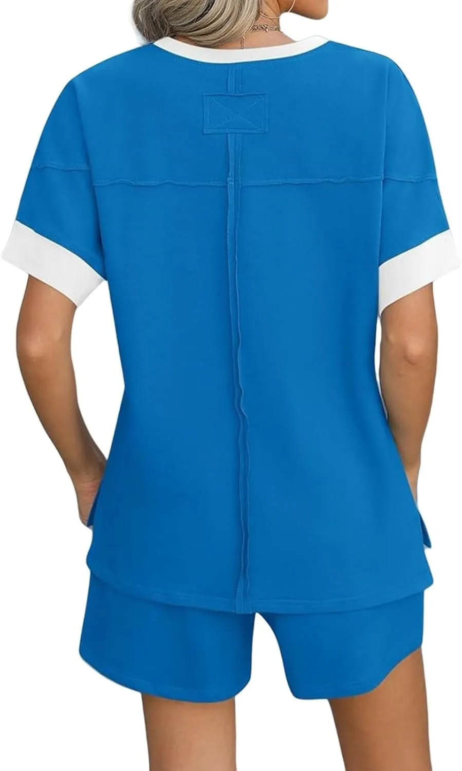 Women's Pajamas Sets Summer Casual Crewneck Short Sleeve Tops Drawstring Shorts 2 Piece Outfit Color Block Tracksuit