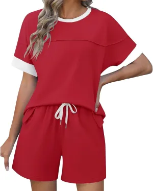 Women's Pajamas Sets Summer Casual Crewneck Short Sleeve Tops Drawstring Shorts 2 Piece Outfit Color Block Tracksuit