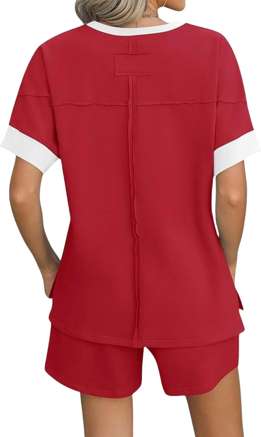 Women's Pajamas Sets Summer Casual Crewneck Short Sleeve Tops Drawstring Shorts 2 Piece Outfit Color Block Tracksuit