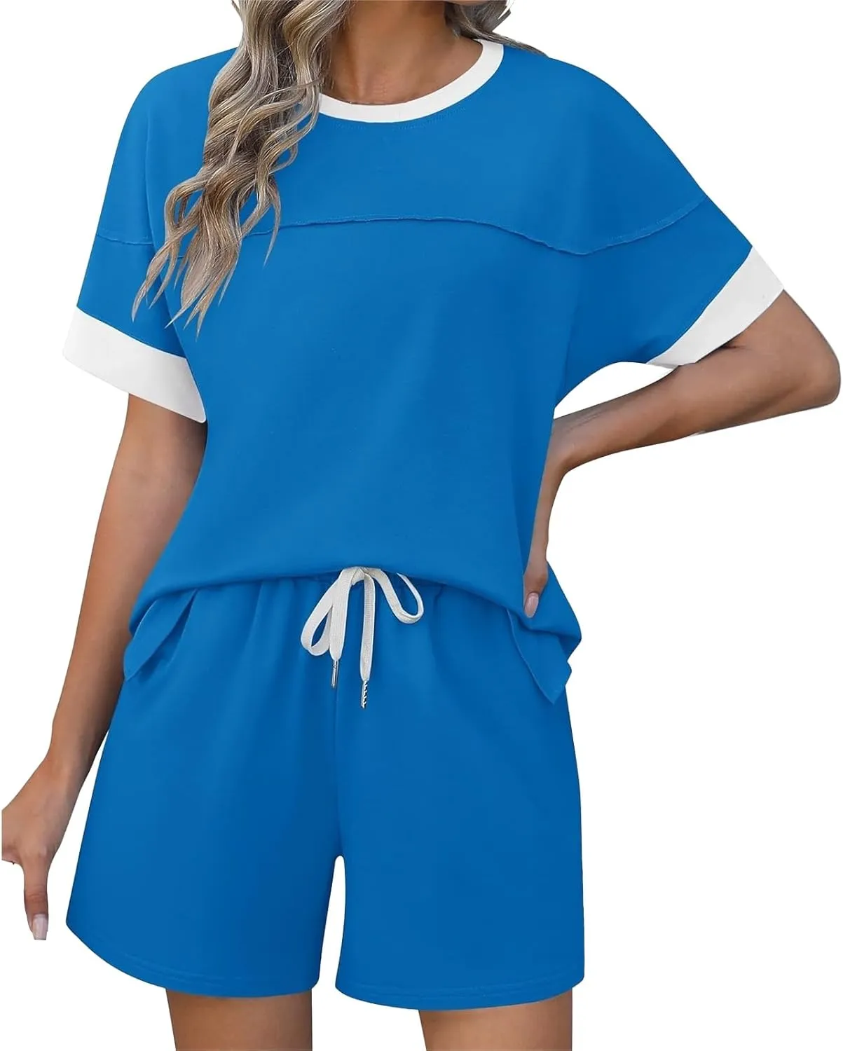 Women's Pajamas Sets Summer Casual Crewneck Short Sleeve Tops Drawstring Shorts 2 Piece Outfit Color Block Tracksuit