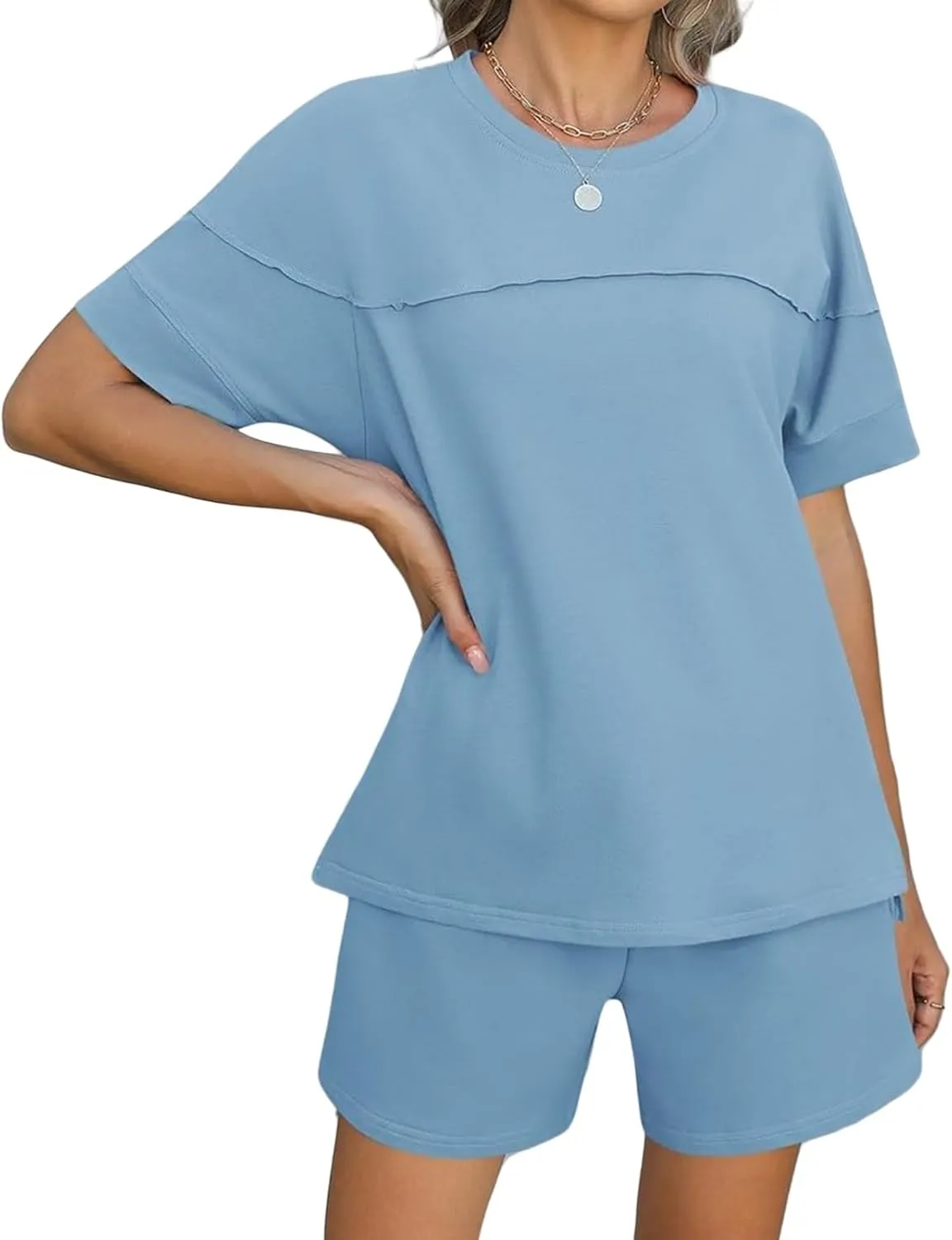 Women's Pajamas Sets Summer Casual Crewneck Short Sleeve Tops Drawstring Shorts 2 Piece Outfit Color Block Tracksuit
