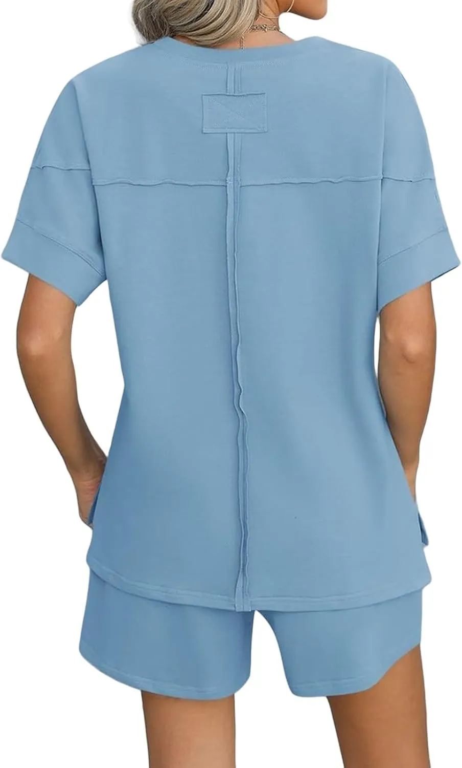 Women's Pajamas Sets Summer Casual Crewneck Short Sleeve Tops Drawstring Shorts 2 Piece Outfit Color Block Tracksuit
