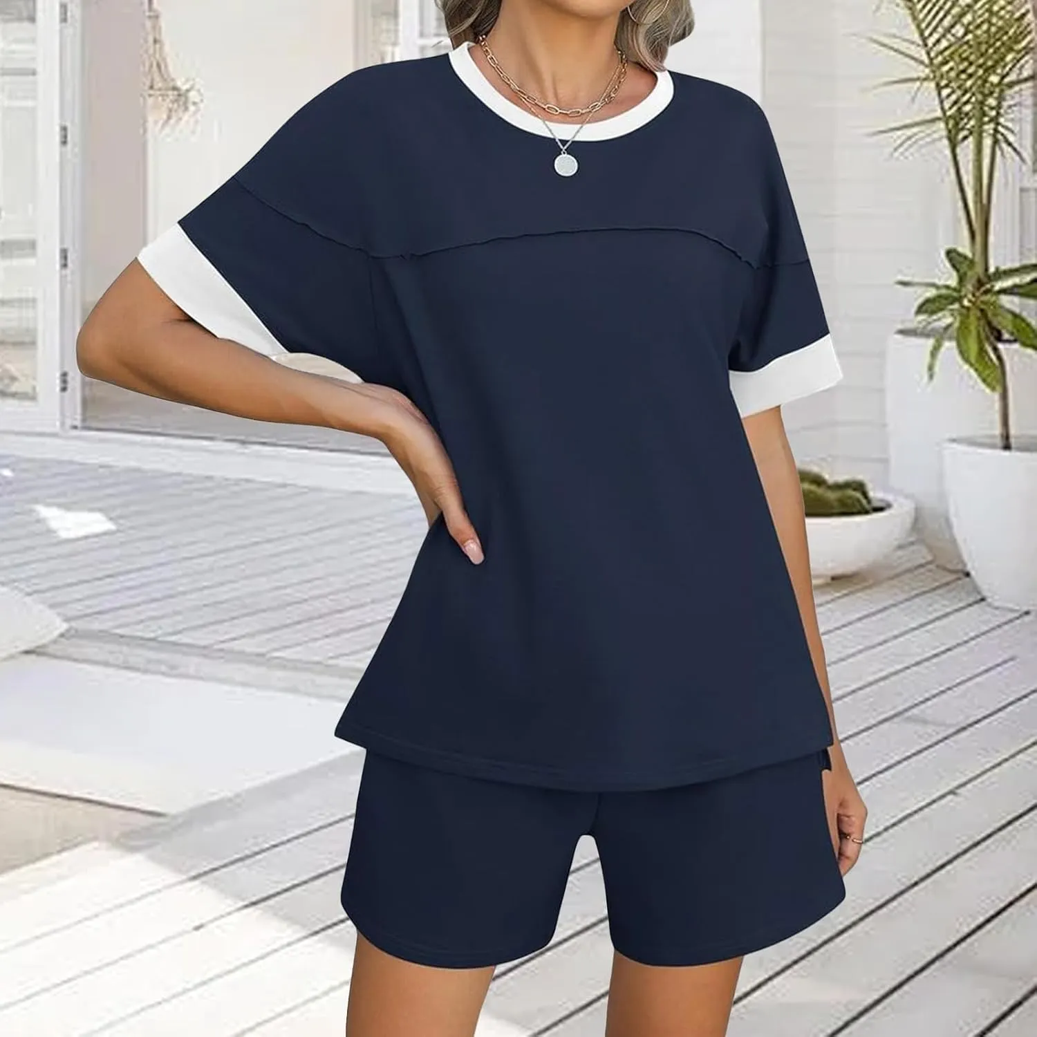 Women's Pajamas Sets Summer Casual Crewneck Short Sleeve Tops Drawstring Shorts 2 Piece Outfit Color Block Tracksuit