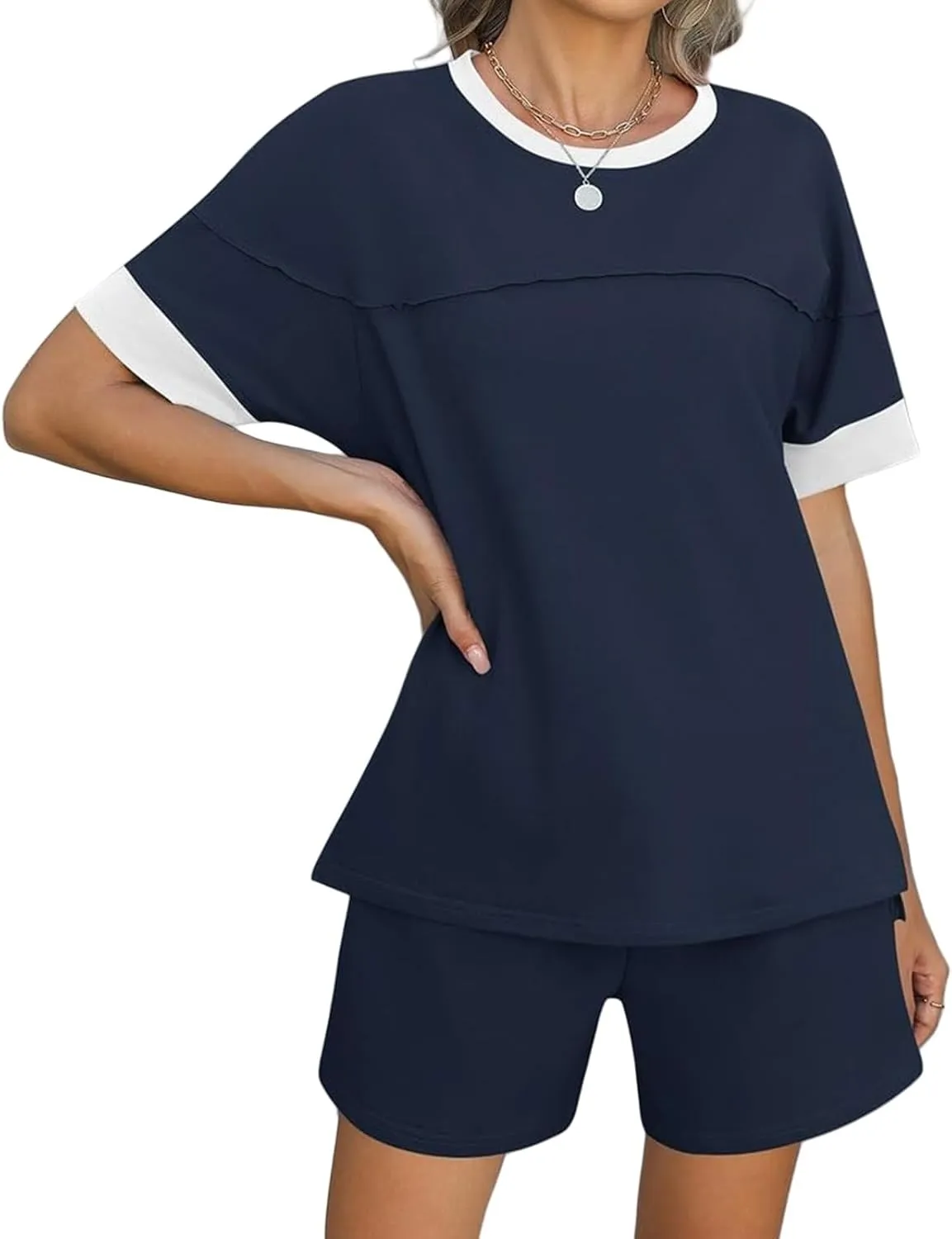 Women's Pajamas Sets Summer Casual Crewneck Short Sleeve Tops Drawstring Shorts 2 Piece Outfit Color Block Tracksuit