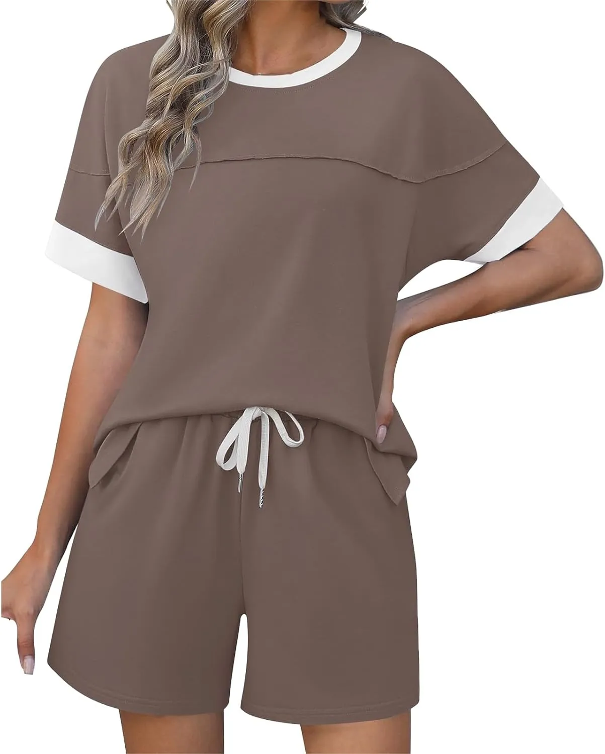 Women's Pajamas Sets Summer Casual Crewneck Short Sleeve Tops Drawstring Shorts 2 Piece Outfit Color Block Tracksuit