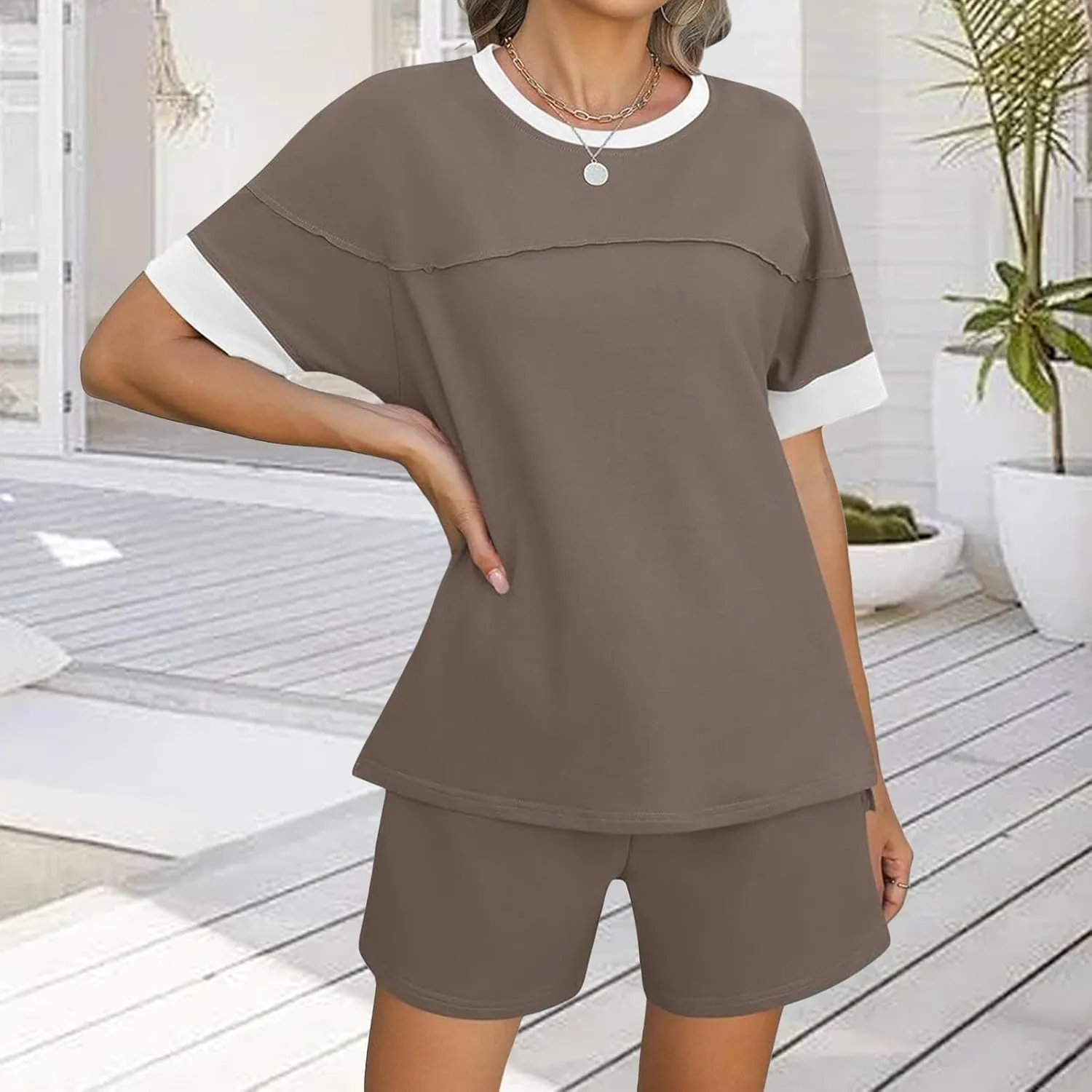 Women's Pajamas Sets Summer Casual Crewneck Short Sleeve Tops Drawstring Shorts 2 Piece Outfit Color Block Tracksuit
