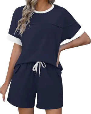 Women's Pajamas Sets Summer Casual Crewneck Short Sleeve Tops Drawstring Shorts 2 Piece Outfit Color Block Tracksuit