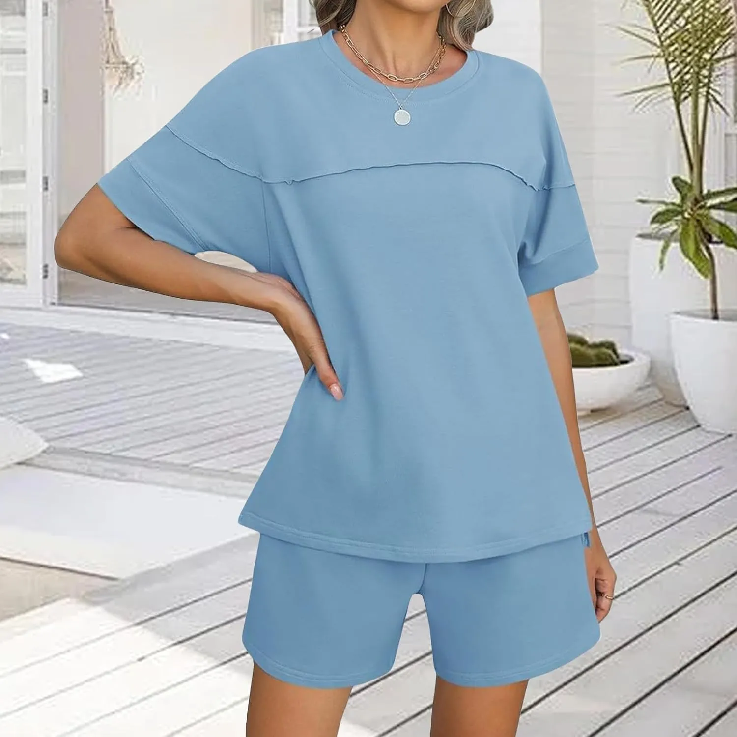 Women's Pajamas Sets Summer Casual Crewneck Short Sleeve Tops Drawstring Shorts 2 Piece Outfit Color Block Tracksuit