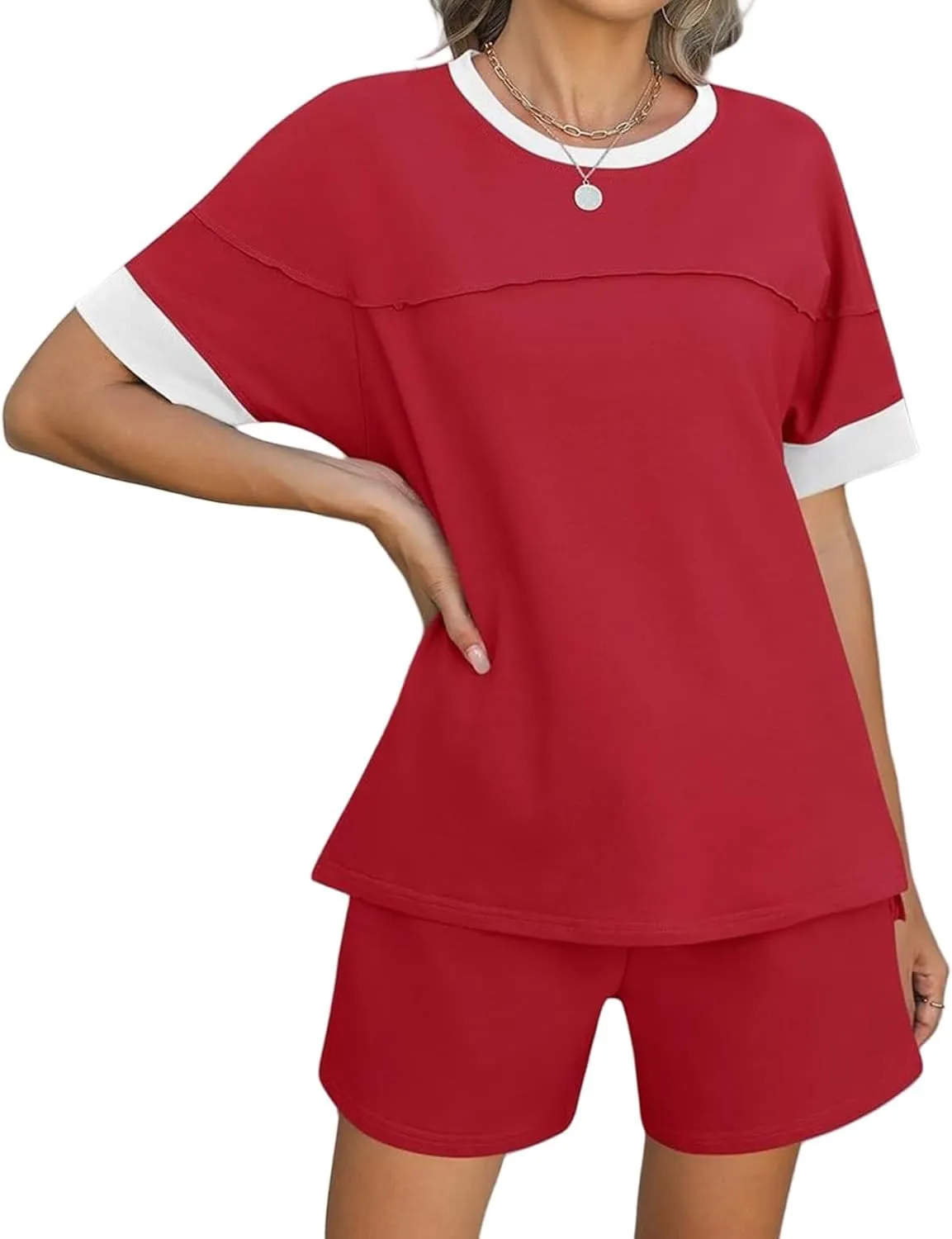 Women's Pajamas Sets Summer Casual Crewneck Short Sleeve Tops Drawstring Shorts 2 Piece Outfit Color Block Tracksuit