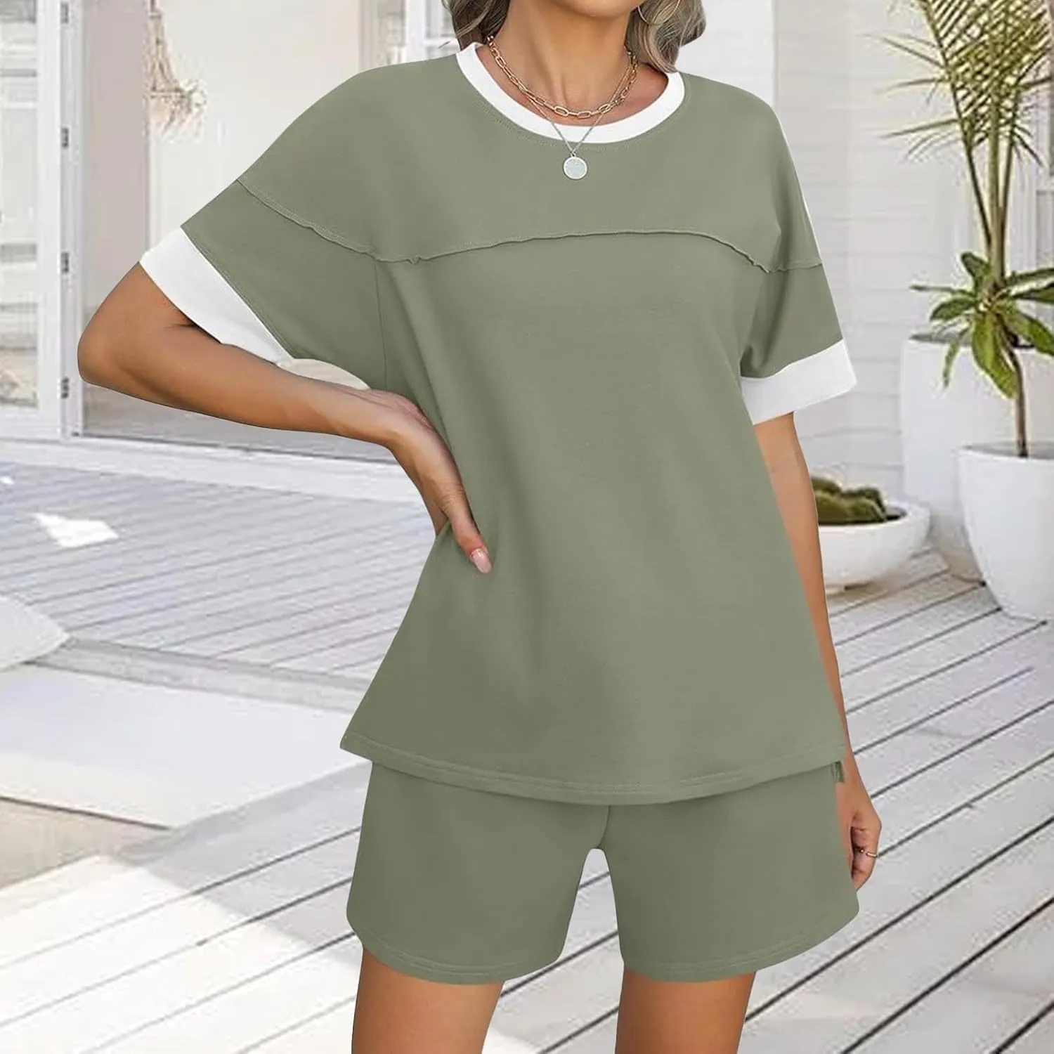 Women's Pajamas Sets Summer Casual Crewneck Short Sleeve Tops Drawstring Shorts 2 Piece Outfit Color Block Tracksuit