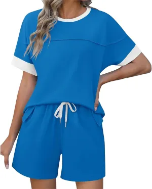 Women's Pajamas Sets Summer Casual Crewneck Short Sleeve Tops Drawstring Shorts 2 Piece Outfit Color Block Tracksuit