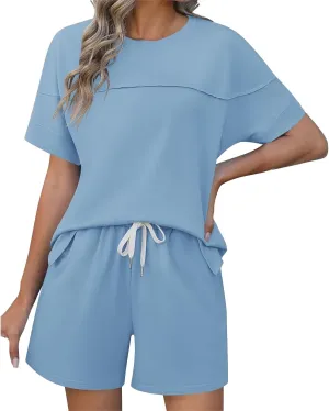 Women's Pajamas Sets Summer Casual Crewneck Short Sleeve Tops Drawstring Shorts 2 Piece Outfit Color Block Tracksuit