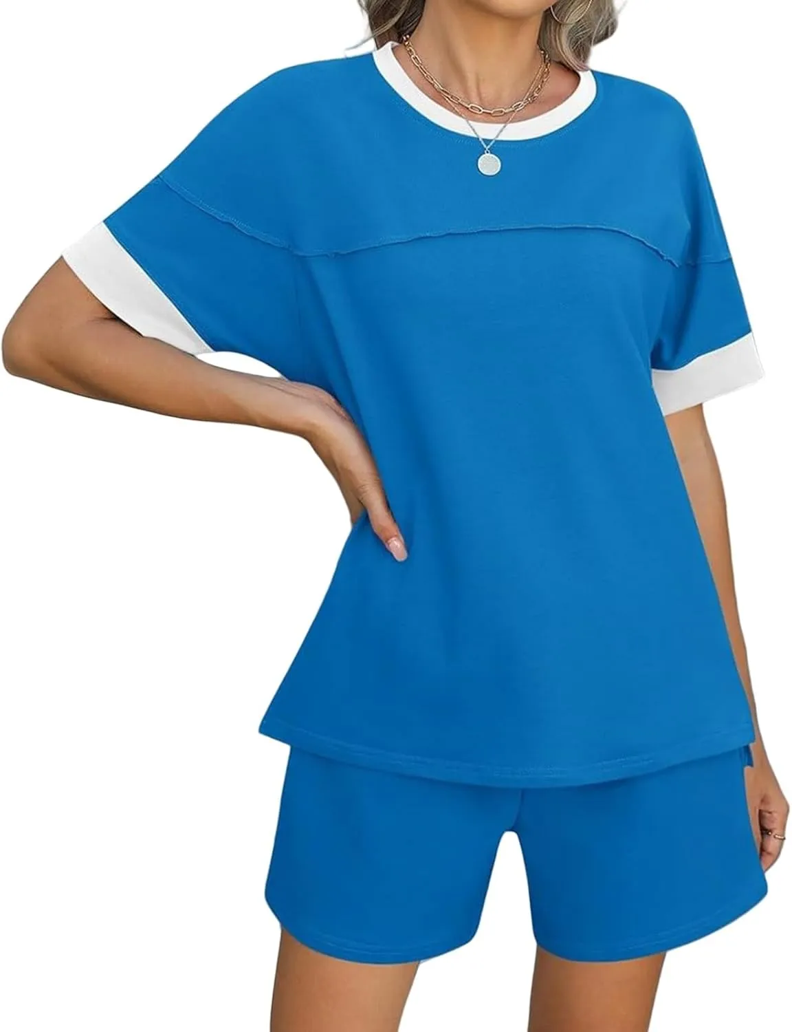 Women's Pajamas Sets Summer Casual Crewneck Short Sleeve Tops Drawstring Shorts 2 Piece Outfit Color Block Tracksuit