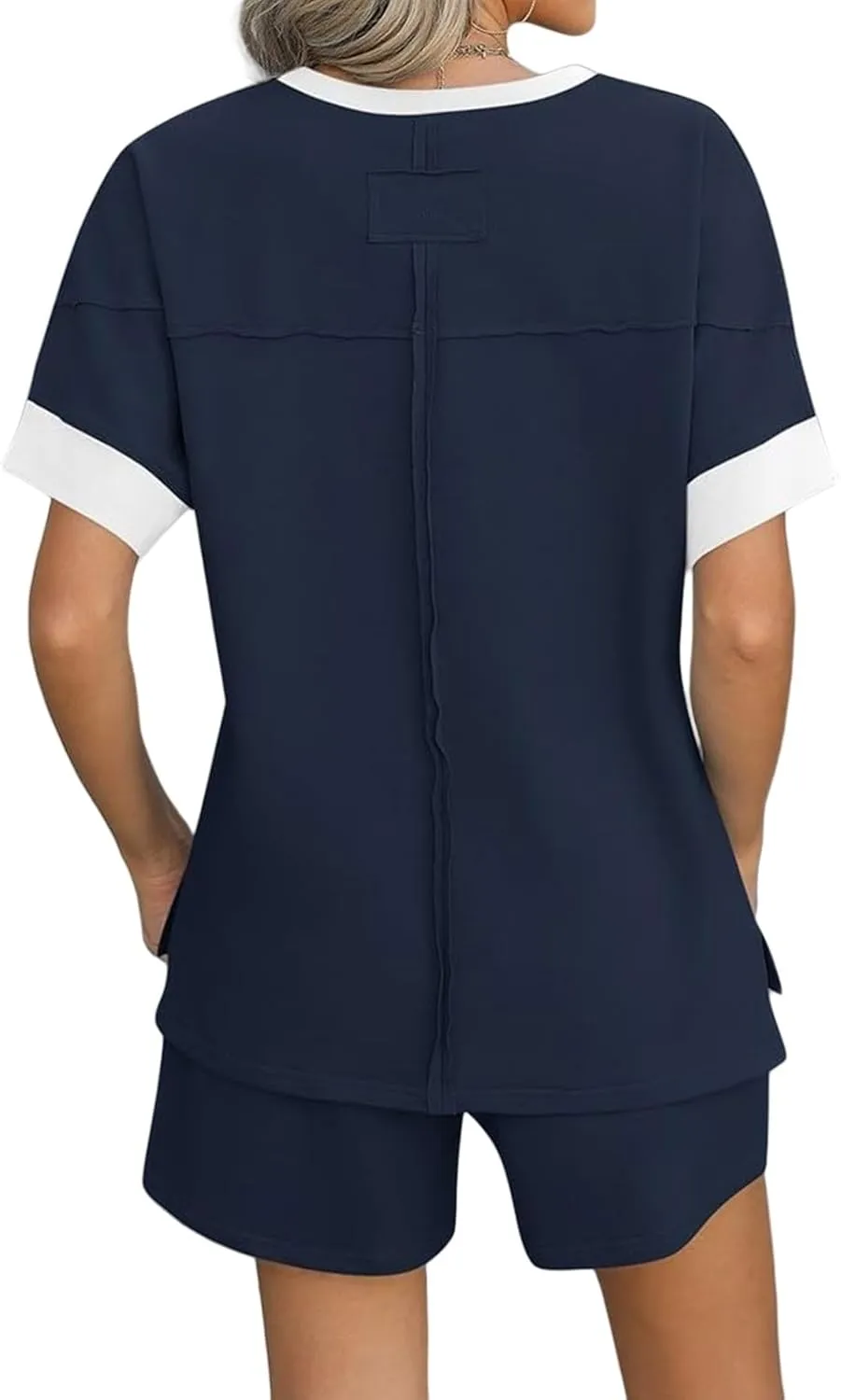Women's Pajamas Sets Summer Casual Crewneck Short Sleeve Tops Drawstring Shorts 2 Piece Outfit Color Block Tracksuit