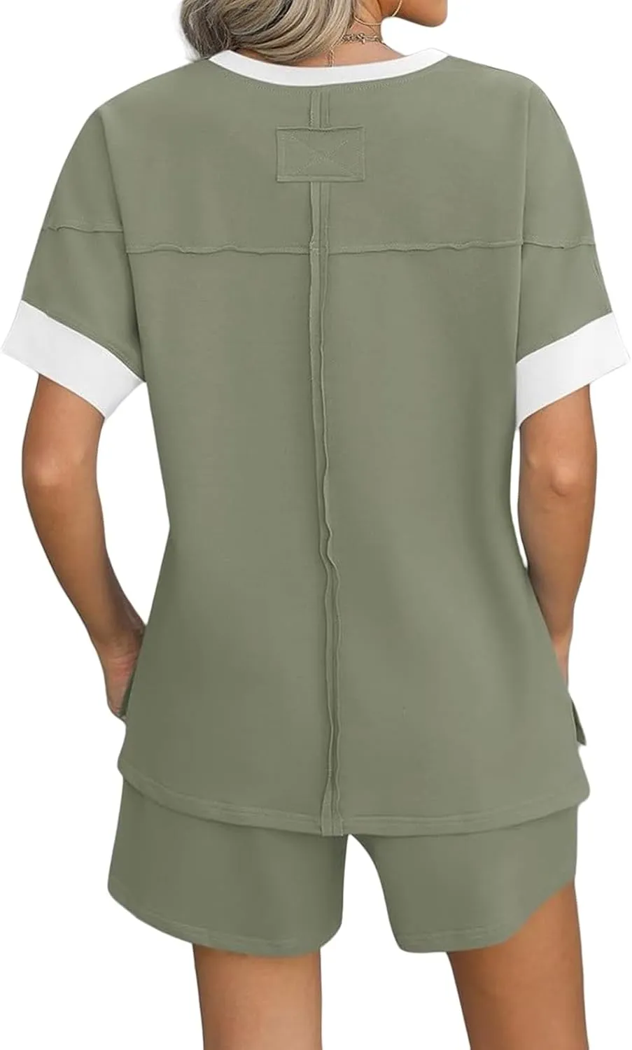 Women's Pajamas Sets Summer Casual Crewneck Short Sleeve Tops Drawstring Shorts 2 Piece Outfit Color Block Tracksuit