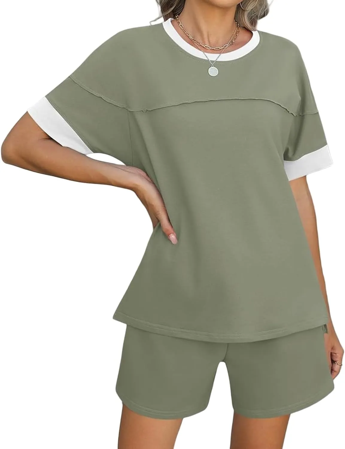 Women's Pajamas Sets Summer Casual Crewneck Short Sleeve Tops Drawstring Shorts 2 Piece Outfit Color Block Tracksuit