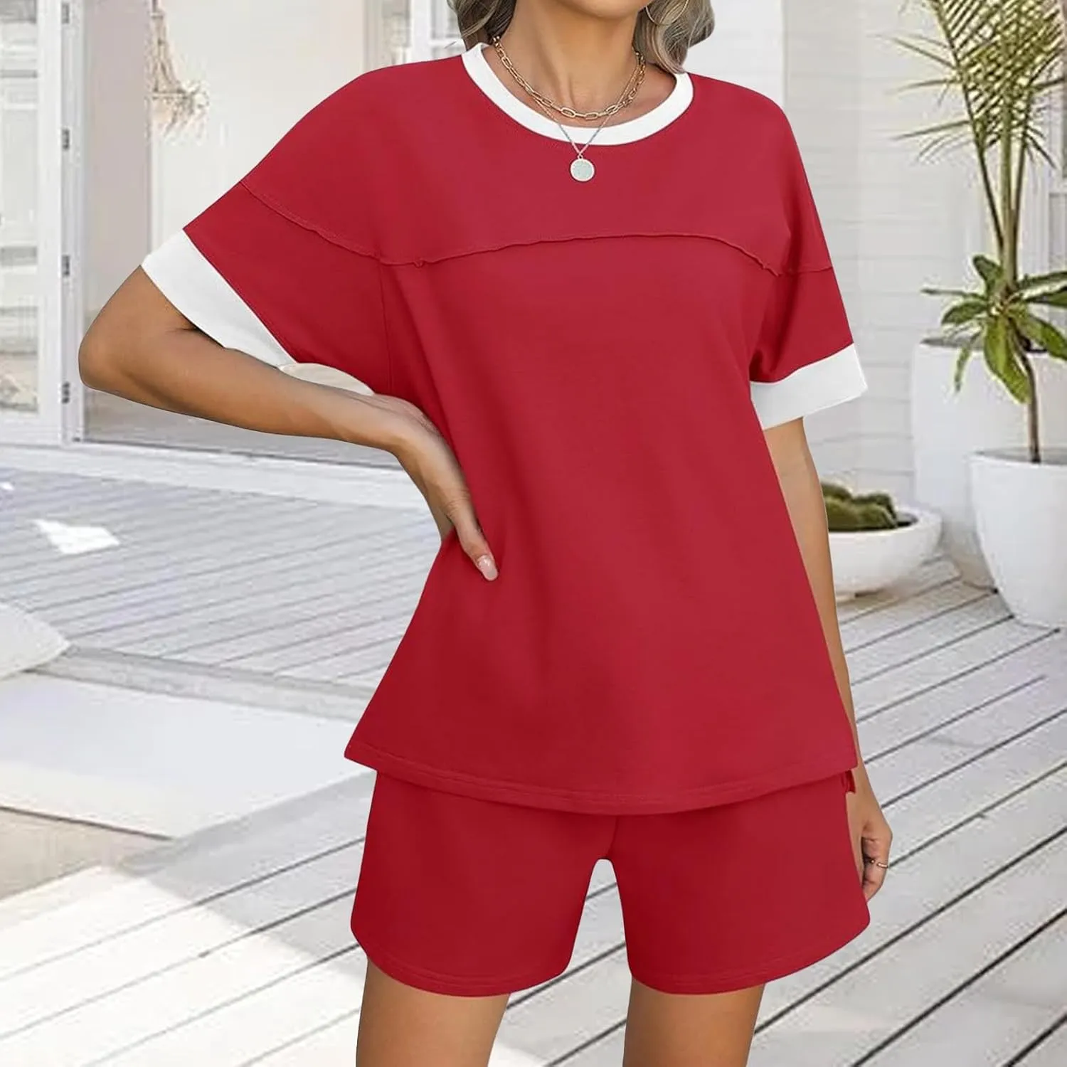 Women's Pajamas Sets Summer Casual Crewneck Short Sleeve Tops Drawstring Shorts 2 Piece Outfit Color Block Tracksuit