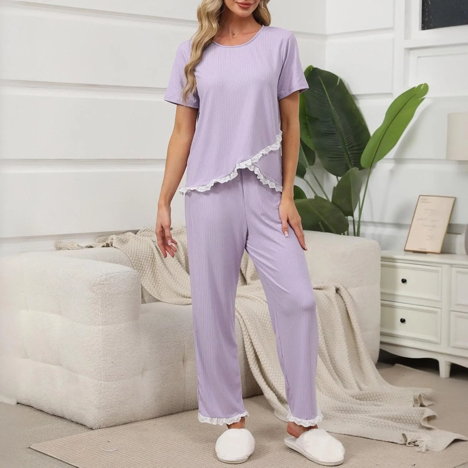 Womens Patchwork Lace Pajamas Set 2 Piece Round Neck Short Sleeve Pj and Long Pants Casual Comfy Summer Sleepwear Sets