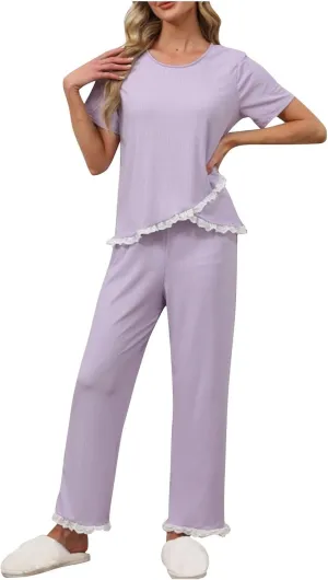 Womens Patchwork Lace Pajamas Set 2 Piece Round Neck Short Sleeve Pj and Long Pants Casual Comfy Summer Sleepwear Sets